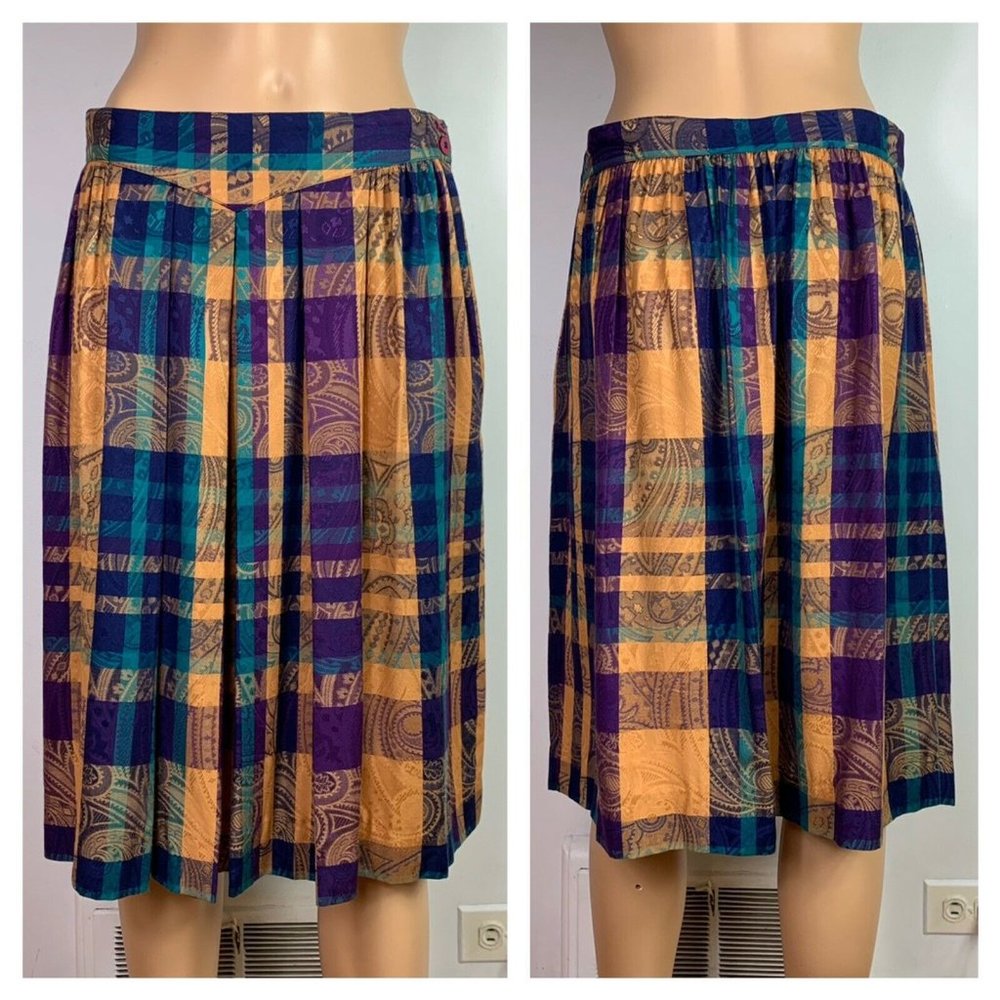 Vtg Christian Dior Separates Pleated Skirt w/ Pockets Plaid Paisley Jacquard